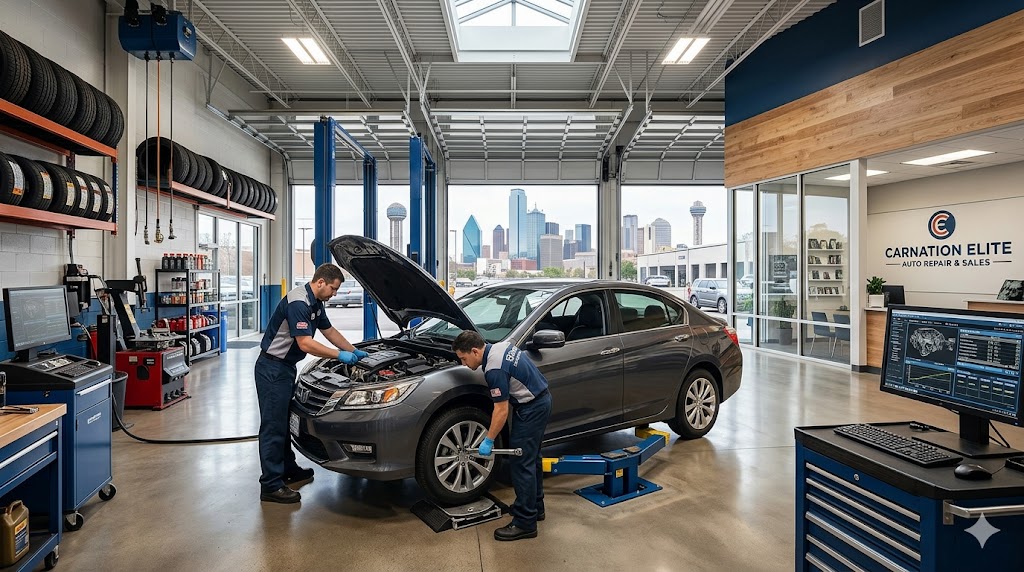 Certified mechanics at Carnation Elite Auto Repair & Sales in Dallas providing expert engine diagnostics and car repair services.